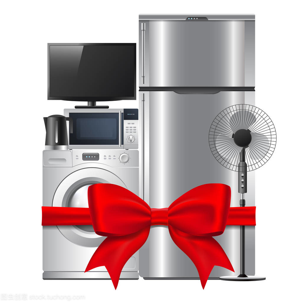 帶著弓和紅色禮品絲帶家用電器集團。白色背景上的孤立。適用于電子產品的銷售。矢量 eps 10