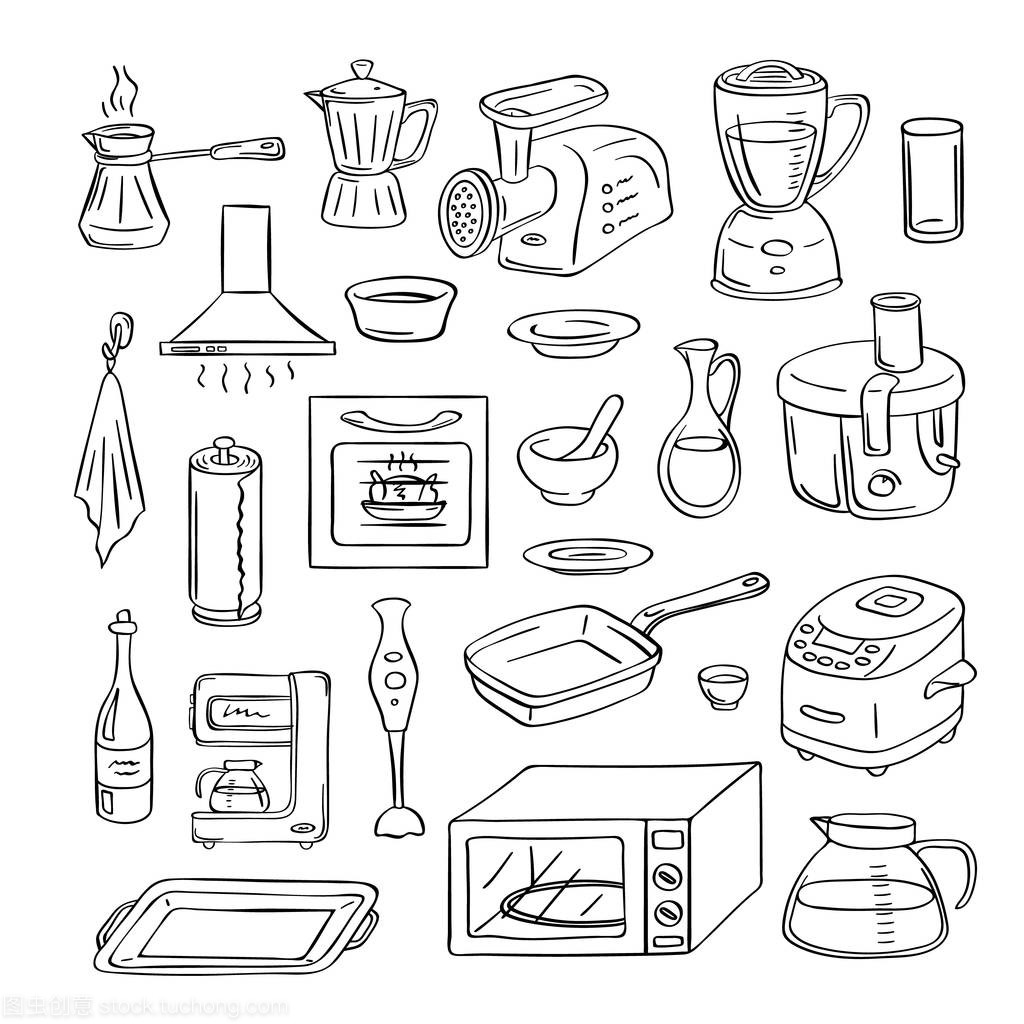 矢量手繪廚房用具涂鴉圖標設(shè)置插圖